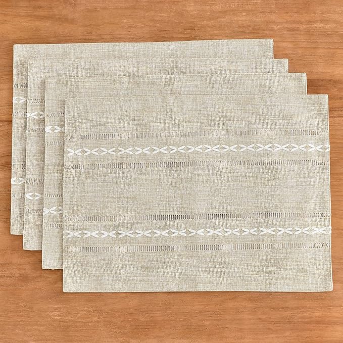 Wracra Cotton Linen Placemats, 12 x 18 Inch Set of 4 Fete Placemats Rustic Hemstitch Place Mats for Kitchen Table and Heat Resistant-Hemstitch Coffee