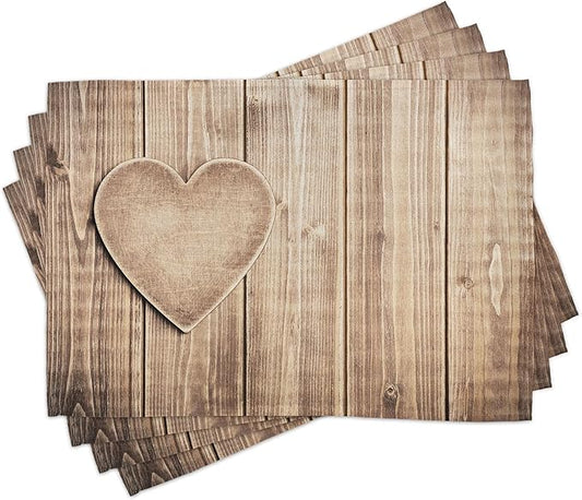 Ambesonne Valentines Day Place Mats Set of 8, Rustic Heart Over Wooden Planks Background Lovers Corner Romantic Celebration Print, Washable Fabric Placemats for Dining Table, Placemat 8 pcs, Tan