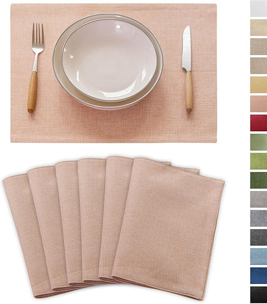 Demetex Pink Placemats Set of 6 Heat Resistant Linen Place Mats Washable Cloth Plate Mats for Dining Party Banquet Table Decorations, 13 x 19 inch, Pink