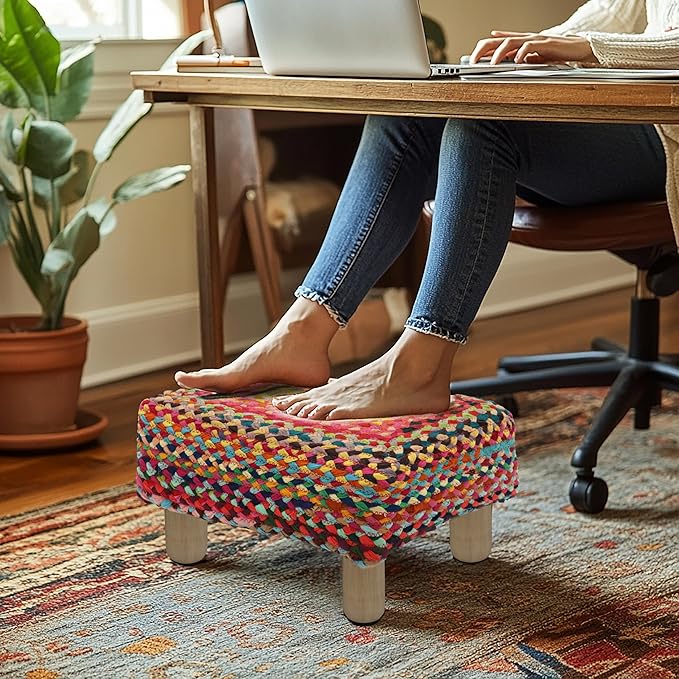 COTTON CRAFT Multi Chindi Footrest - Braided Cotton Rag Rug Foot Stool Ottoman with Sturdy Wood Legs – Handmade Boho Leg Rest - Small Spaces Under Desk Living Room Entryway Low Footstool - 16.5x12x9.5