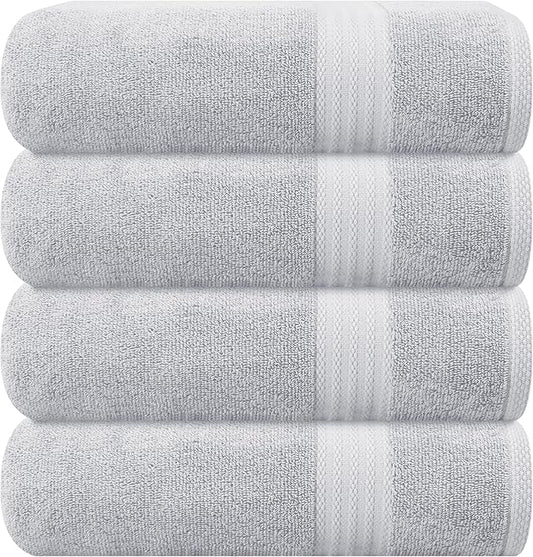 GLAMBURG Premium Cotton 4 Pack Bath Towel Set - 100% Pure Cotton - 4 Bath Towels 27x54 - Ideal for Everyday use - Ultra Soft & Highly Absorbent - Light Grey