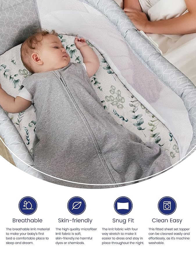 TotAha Botanical Bassinet Sheets Netural for Girls Boys, Premium Soft Boho Bassinet Mattress Sheets, Ultra Breathable Cradle Sheets Compatible with Halo, Baby Delight, 4moms, and Other Bassinet