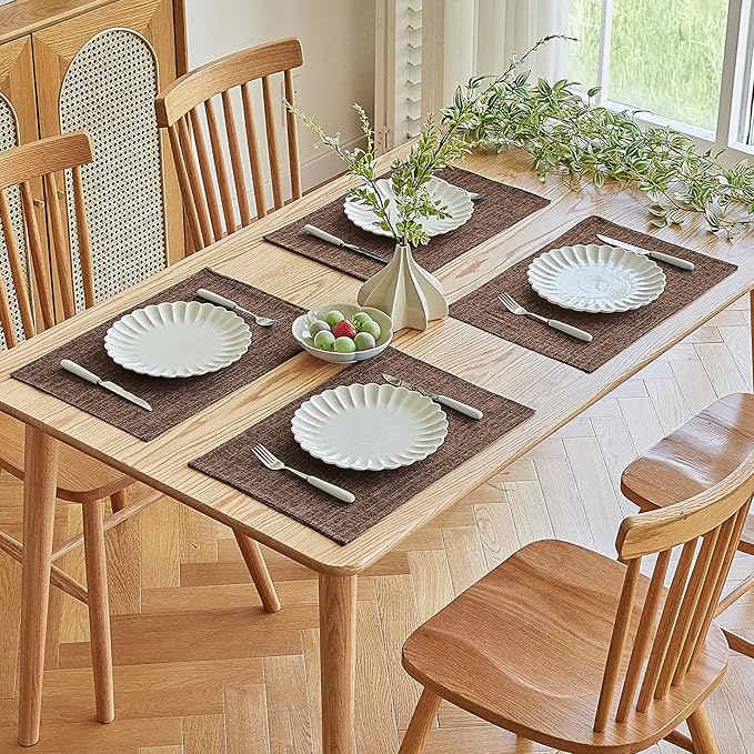 Softalker Faux Linen Placemats Set of 4-12 x 18 Inch, Heat Resistant Double Layered Durable Burlap Farmhouse Place Mats, Non-Slip Washable Rustic Table Mats for Dining, Kitchen, Party（Dark Brown