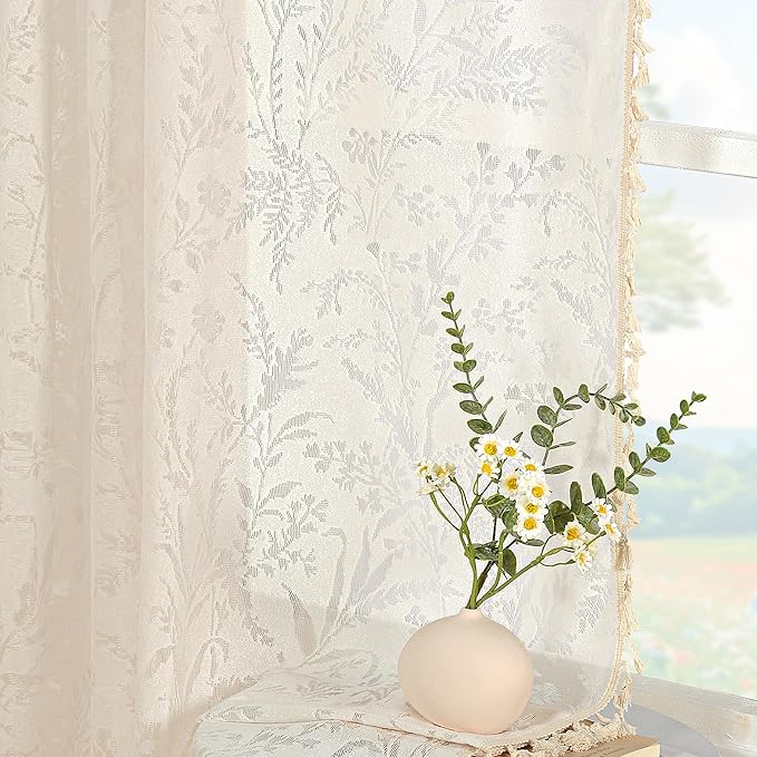 JOOJA Boho Lace Curtains 84 Inch Length 2 Panels Beige Sheer Floral Leaf with Tassels, Semi Blackout Privacy Curtains for Bedroom & Living Room Beige 52"x84"