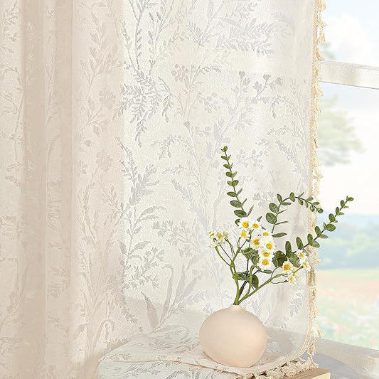 JOOJA Boho Lace Curtains 84 Inch Length 2 Panels Beige Sheer Floral Leaf with Tassels, Semi Blackout Privacy Curtains for Bedroom & Living Room Beige 52"x84"