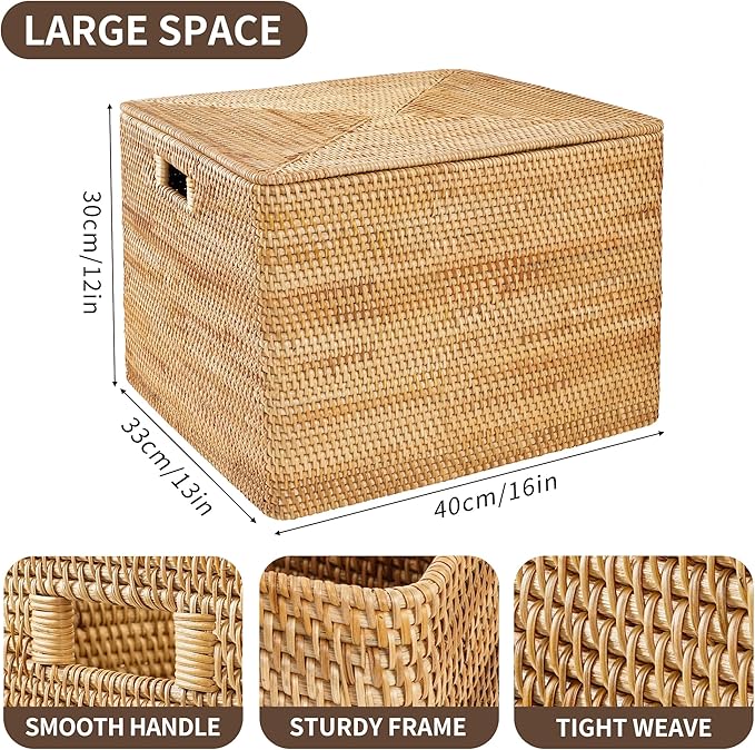 Rattan Basket With Lid,Large Storage Basket Lidded,Rattan Box For Shelf (16" L×13"W×12"H)