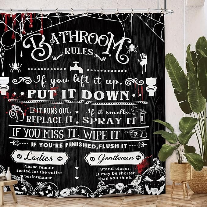 Halloween Bathroom Toilet Rules Shower Curtain 60Wx72L Inch Horror Spooky Scary Funny Pumpkin Holiday Bathroom Set Accessories Decor with 12 Pack Hooks