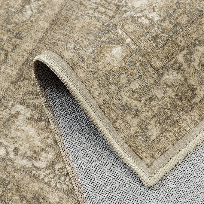 Brown Runner Rug 2x5 Hallway Machine Washable Kitchen Vintage Distressed Non Slip Long Carpet Indoor Retro Floral Bedroom Accent Throw Rug for Bathroom Office Laundry Dining Room