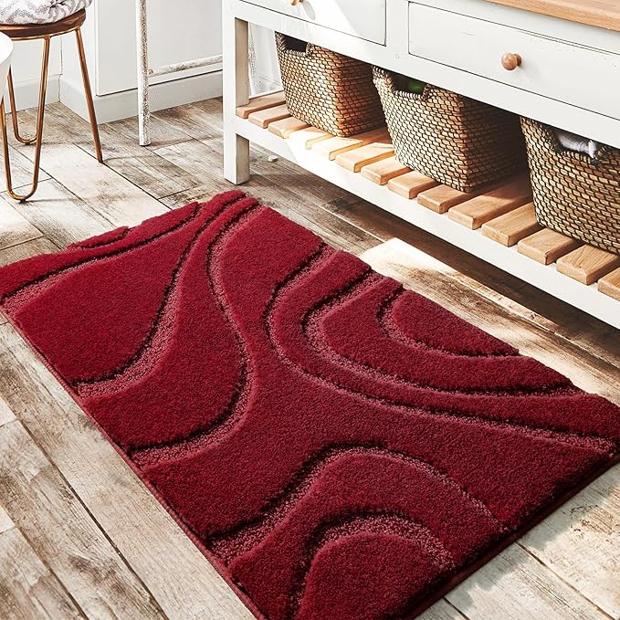 DEXDE Bathroom Rugs Mat,Soft Plush Shaggy Microfiber Bath Rug Non Slip Bath Mats for Bathroom Floor,Machine Washable Absorbent Carpet for Shower Tub,Burgundy Red 24"x36"