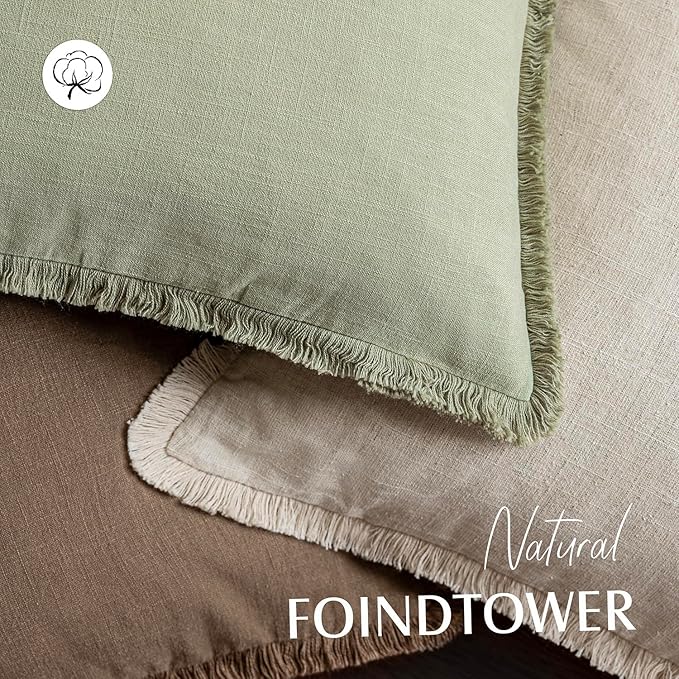 Foindtower Set of 2 Decorative Linen Fringe Throw Pillow Covers Boho Farmhouse Cushion Cover with Tassels Soft Accent Pillowcase for Couch Sofa Bed Living Room Home Decor,16×16 Inch,Light Sage Green