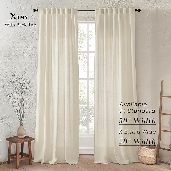 XTMYI Beige 100 Inches Long Country Curtains for Living Room,Sheer Linen Shabby Chic Curtains for Bedroom,50 Inches Wide