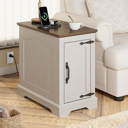 Narrow End Table with Storage, Farmhouse Side Table with Power Outlets & USB Ports, Small Night Stand for Living Room, for Bedroom, Living Room (Wood Door, White & Espresso)