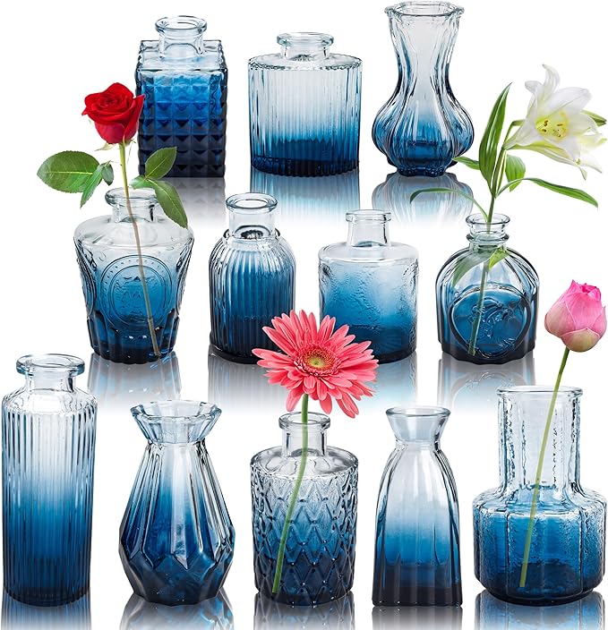 Der Rose Bud Vases in Bulk Glass Vase for Centerpieces Set of 12 Small Flower Vases Mini Vintage Vases for Rustic Wedding, Home Table Decorations (Blue)