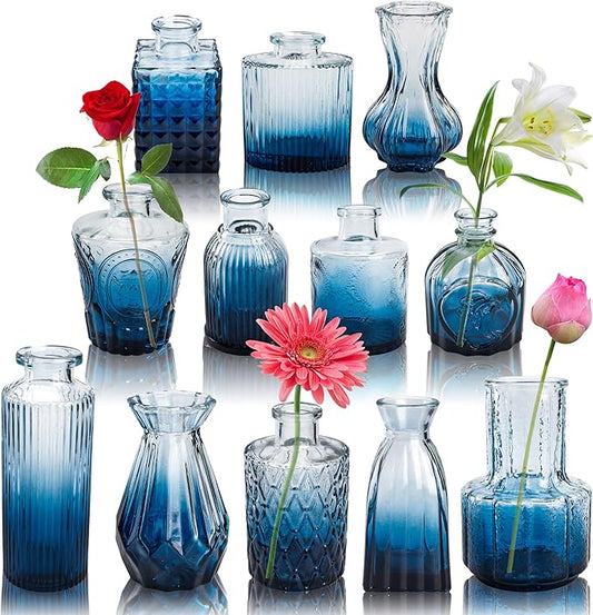 Der Rose Bud Vases in Bulk Glass Vase for Centerpieces Set of 12 Small Flower Vases Mini Vintage Vases for Rustic Wedding, Home Table Decorations (Blue)