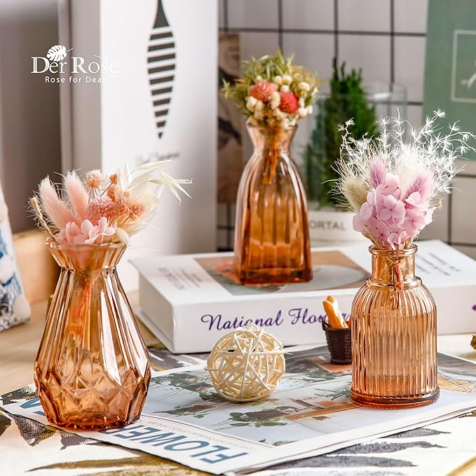 Der Rose Bud Vases in Bulk Glass Vase for Centerpieces Set of 12 Small Flower Vases Mini Vintage Vases for Rustic Wedding, Home Table Decorations (Amber)