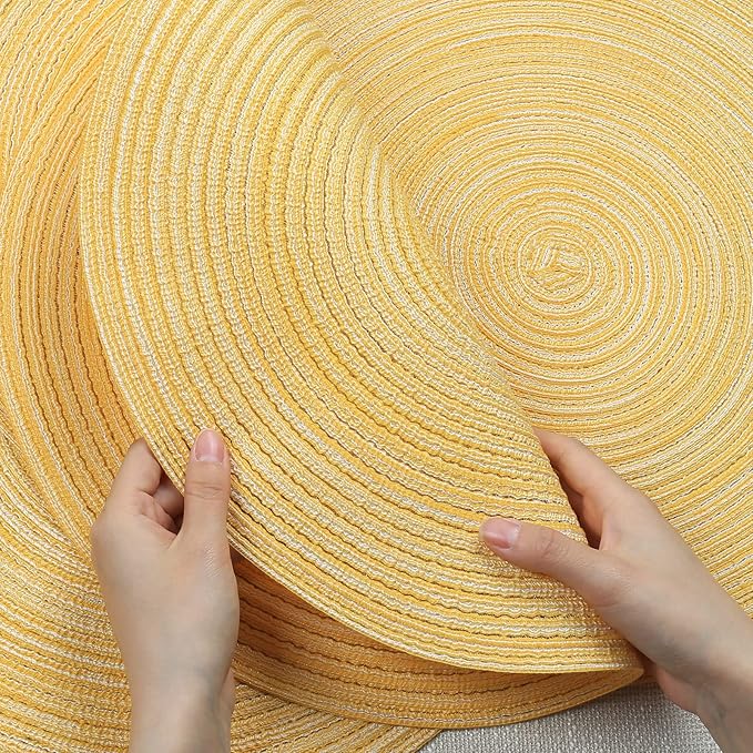 Noctiflorous Round Braided Placemats 15 Inch Round Table Mats Set of 6 for Dining Tables Natural Woven Heat Resistant Place Mats (Round Yellow)