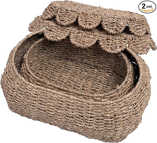 Set of 2 Hand Round Wicker Storage Baskets, Rattan Basket Decorative Boxes, Woven Storage Box Seagrass Baskets with Lids, Scalloped Edge Wicker Basket with Lid