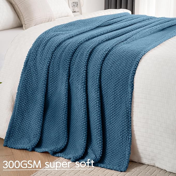 Blue Soft Fleece 300GSM Twin Blanket for Couch Cozy Flannel Room Decorative Blankets, Lightweight Plush Blanket for Bed Sofa, 60x80