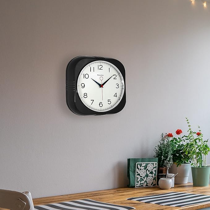 Westclox 1950s Retro Wall Clock – Bold 9.5" Display & Quiet Ticking | Mid-Century Decor for Kitchen & Living Room | Black/Square