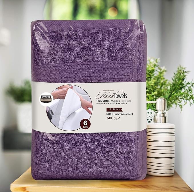 Utopia Towels 6 Pack Premium Hand Towels Set, 16 by 28 inches, 100% Ring Spun Cotton, Ultra Soft and Highly Absorbent 600GSM Towels for Bathroom, Gym, Shower, Hotel, and Spa, Plum