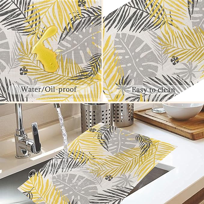 Yellow Gray Leaves Placemats Set of 6,Washable Heat Resistant 12×18 Inch Linen Table Mats Summer Floral Place Mats for Party Outdoor Dining Décor