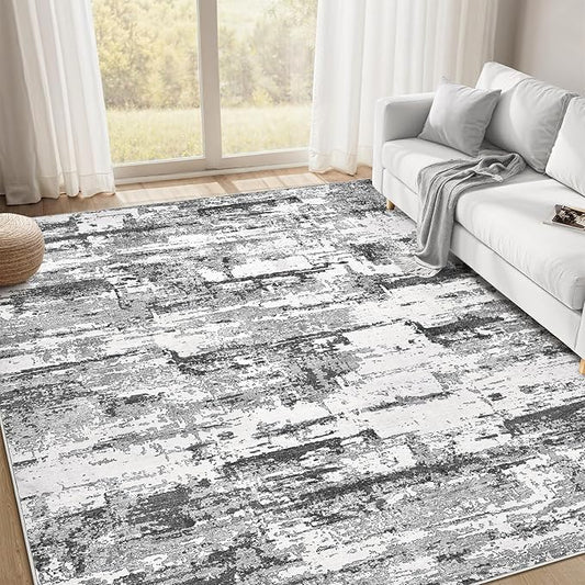 Area Rugs for Living Room: 5x7 Thickened Abstract Washable Rug Modern Neutral Soft Stain Resistant Non-Slip Backing Carpet for Bedroom Dining Room Indoor Home Office - Black Grey