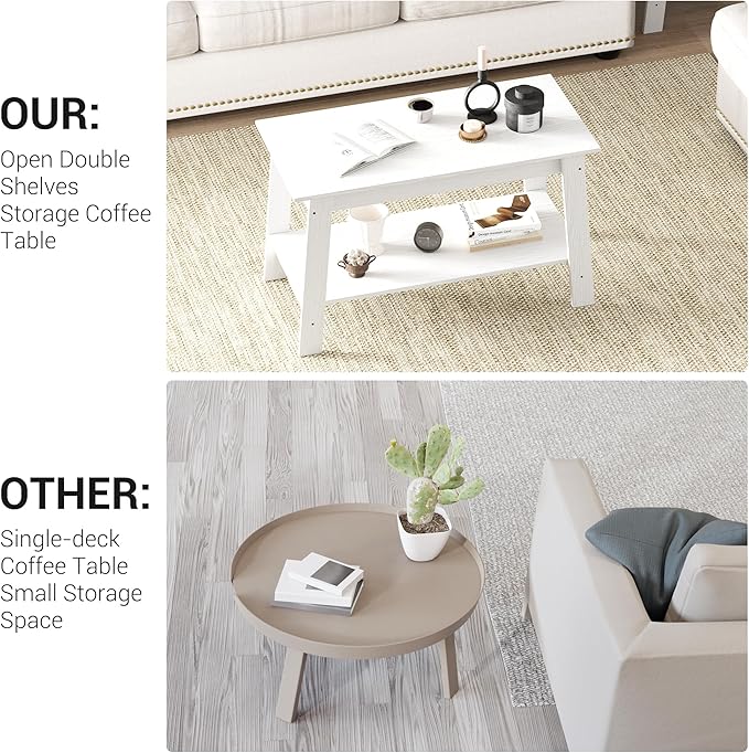 2-Tie Coffee Table, Rustic Wood Living Room Tables with Open Rectangular Storage Compartment, Coffee Tables for Living Room, Outdoors, Home Office, Bedroom, White