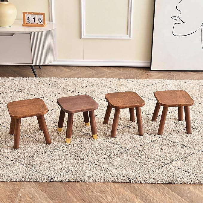 Solid Wood Step Stool, Milking Stool, Plant Stand, Round Foot Stool, Step Stool for Adults，Removable Portable Stool, Shoe Change Stool, Retro Colors(9.4 inches)