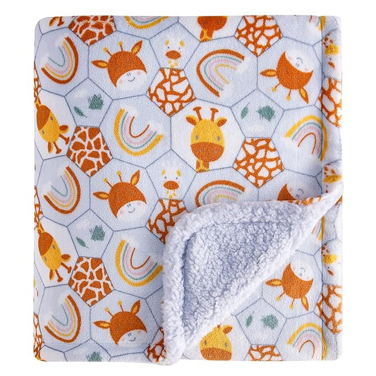 DaysU Plush Flannel Sherpa Baby Blanket for Girls Boys, Generous Reversible Soft Micro Fleece Toddler Bed Throw Blanket with Animal Print for Kids and Children, Giraffe, 50"x60"