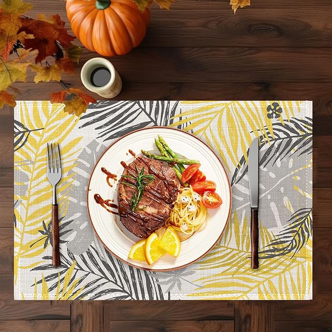 Yellow Gray Leaves Placemats Set of 6,Washable Heat Resistant 12×18 Inch Linen Table Mats Summer Floral Place Mats for Party Outdoor Dining Décor