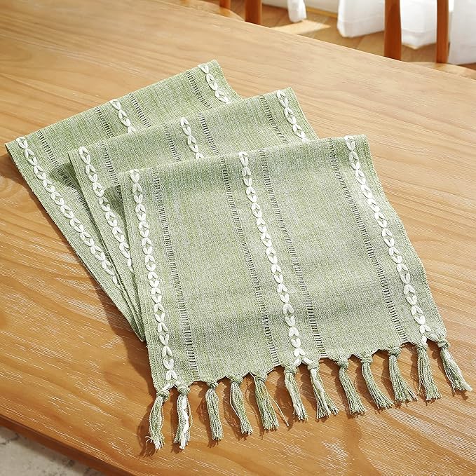 Chassic Rustic Farmhouse Style Linen Table Runner, Boho Handmade Tassel Embroidered Table Runners 72 Inches Long for Holiday Party, Christmas and Dining Decorations, 13 x 72 inch - Sage Green