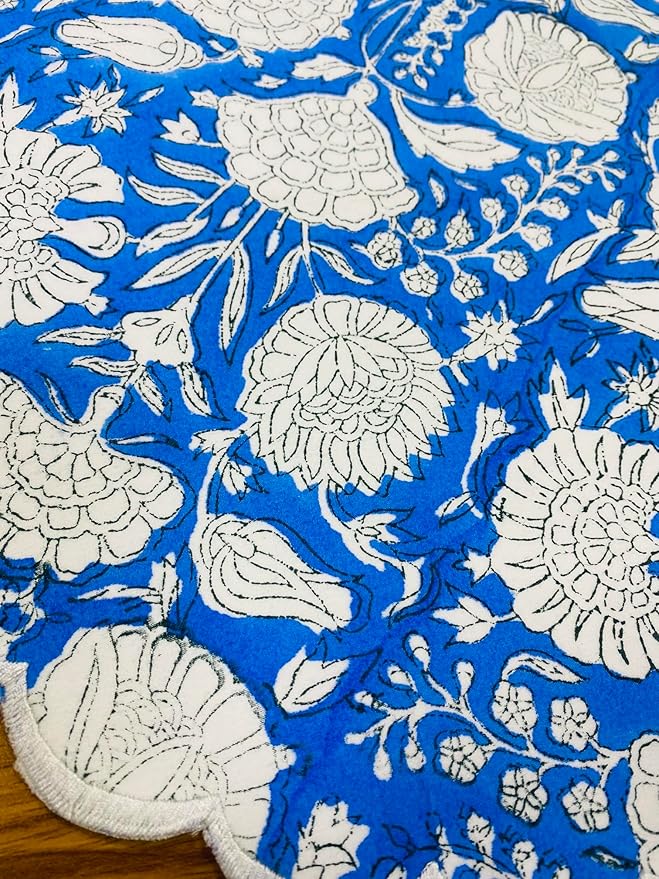Ridhi Dodger Blue Bo-ho Round Place Mat Double Layer Floral Cotton Washable Placemats 15" Round Embroidery Block Print Table Mat Pack of 4-15 Inch Round