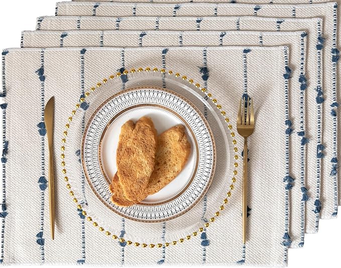 Boho Placemats Set of 4 for Dining Table Decor, Woven Cloth Place Mats for Farmhouse Rustic Kitche Home Decor, Cotton Placemats 13 x 19 Inch, Blue and Beige Table mats