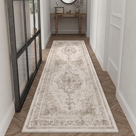 Runner Rug 3x7 Washable Taupe Hallway Runner Vintage Boho Medallion Non Slip Distressed Retro Carpet Indoor Low Pile Long Soft Rug for Kitchen Entryway Bedroom Bathroom Laundry