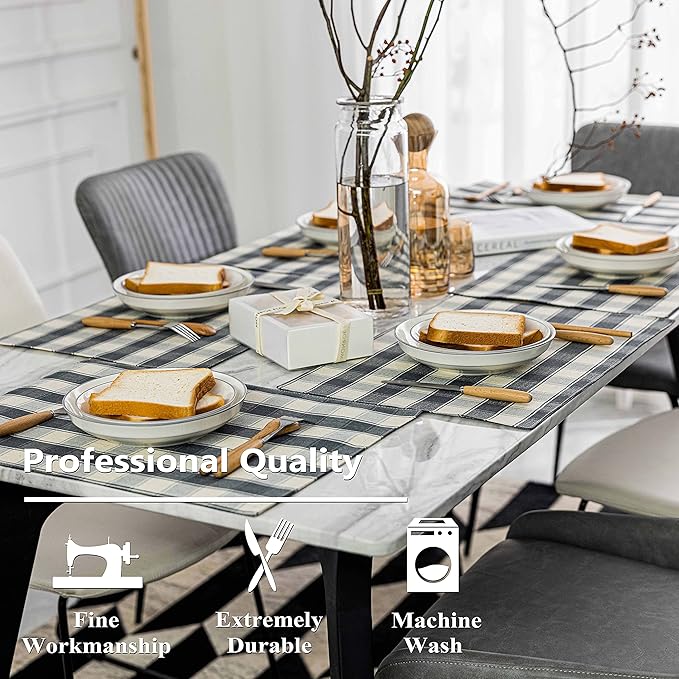 Home Brilliant Buffalo Plaid Placemats Set of 6 Farmhouse Style Double Layered Heat Resistant Fabric Dining Table Place Mats for Kitchen Table, 13 x 19 inches, Checker, Grey and Beige