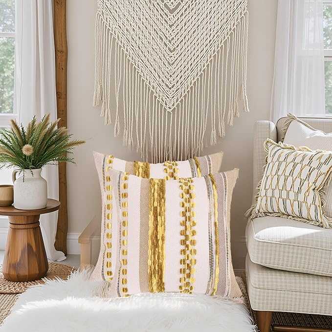 Tosleo Decorative Throw Pillow Covers 18x18 Set of 2 Boho Chenille Tufted Pillow Cover Textured Pillow Covers Striped Pillowcases Accent Pillow Cases Farmhouse Cushion Case for Sofa Couch,Yellow