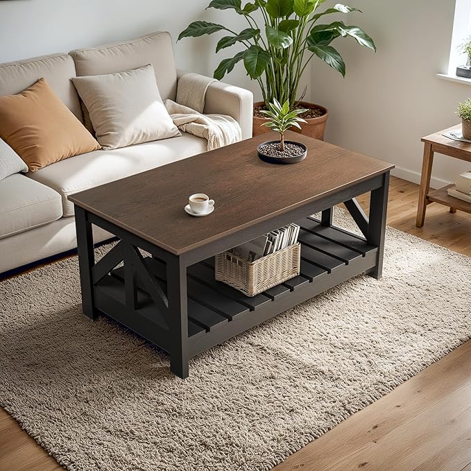 YESHOMY 39" Farmhouse Coffee Table, Coffee Tables for Living Room, Farmhouse Square Coffee Table with Storage, Couch Table, Small Tables for Small Spaces, Brown and Black