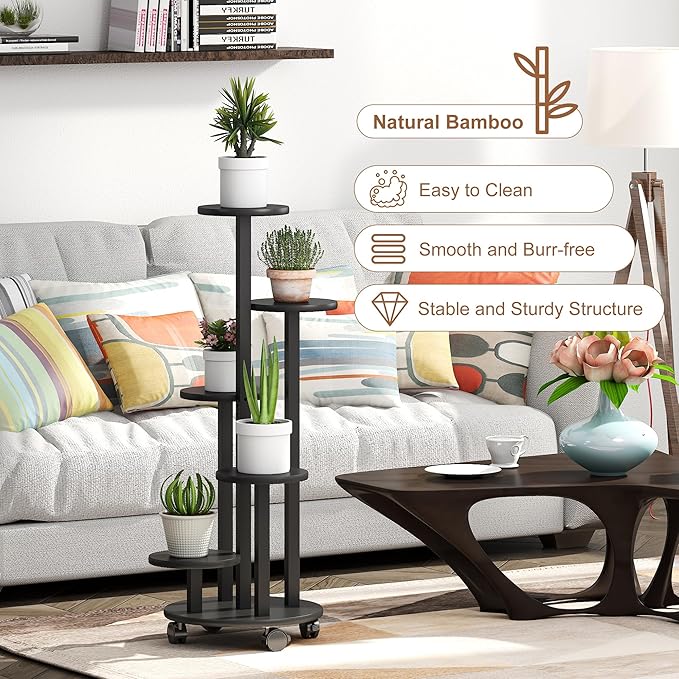 FILWH Plant Stand For Outdoor Indoor Tall Bamboo Flower Stand with Wheels Plant Shelf Pot Holder Plants Corner Display Rack for Balcony Garden Patio(Black)