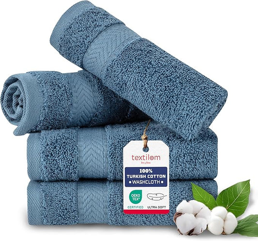 TEXTILOM Washcloths for Body and Face – Hotel and Spa Quality & Soft & Absorbent & Quick Dry Wash Cloths for Your Body – 100% Turkish Cotton Wash Clothes Towel Set of 4 (13 x 13 inches) - Blue