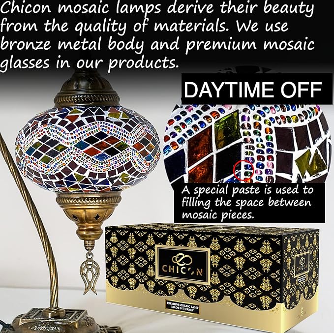 CHICON Handmade Mosaic Turkish Lamp | Genuine Glass Mosaic | A Piece of Art in Unique Lamps | Antique Vintage Lamp | Tiffany Boho Lamp | Moroccan Bohemian Small Table Lamp - SWAN Wave Mix