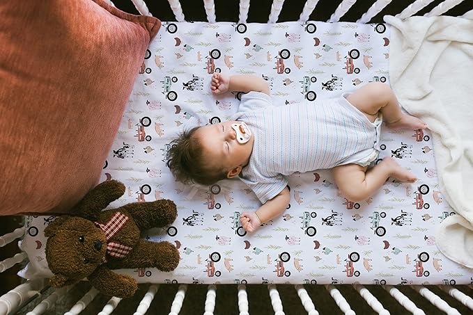 TotAha Crib Sheets for Boys, Premium Stretchy Farm Crib Sheet Fitted, Buttery Soft Truck Crib Mattress Sheets, Calming Effect, All-Season Jersey-Knit 28 X 52 X 9'' Extra Deep Pocket (Farm & Pumpkin)