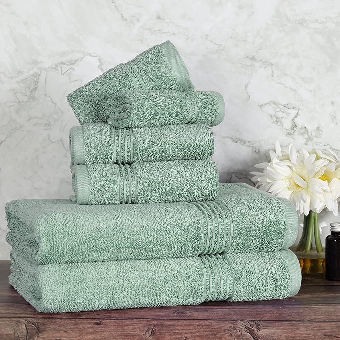 Superior Egyptian Cotton 6-Piece Towel Set, Bathroom Essentials, Towels For Bathroom, Apartment, Airbnb, Guest Bath, Face, Hand, Bath Towels, Washcloths, Absorbent, Fast Drying, Sage