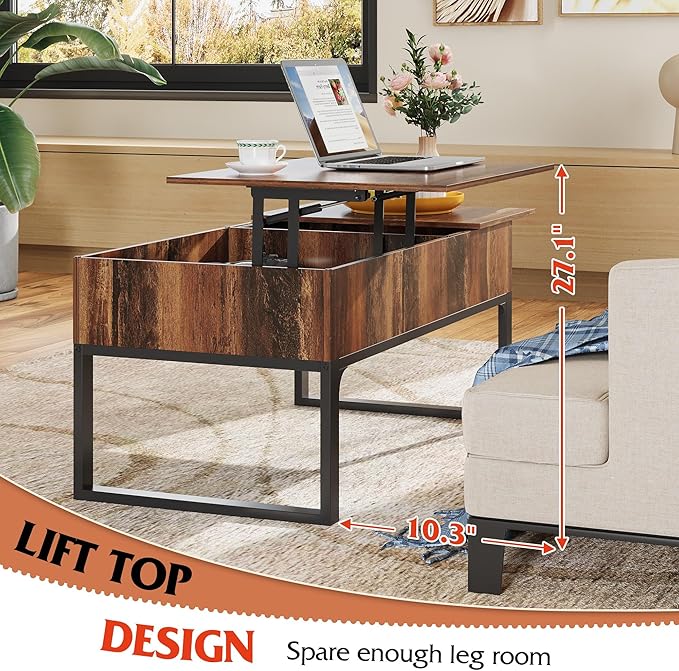 WLIVE Lift Top Coffee Table with Storage, 40.9" Coffee Table with Lifting Top & Sliding Cover, Wood Modern Center Table with 2 Hidden Compartment for Living Room, Retro Brown