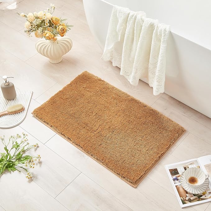 CozeCube Upgraded Shaggy Bath mat for Bathroom Non Slip 16" X 24", Super Soft Quick Dry Bath Rugs, Fluffy Plush Bathroom Rugs Machine Washable, Golden Brown