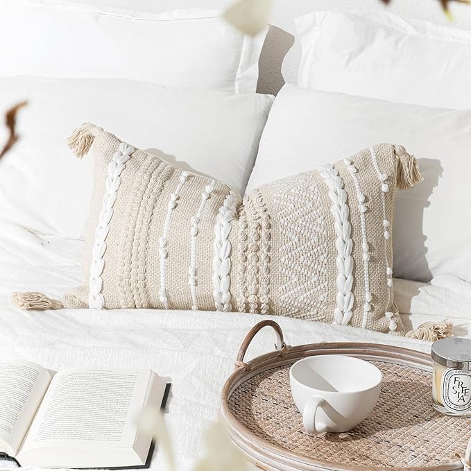 Decorative Lumbar Pillow Cover 14x24, Cream White Boho Accent Throw Pillow Case for Couch Sofa Bed, Modern Farmhouse Textured Lumbar Cushion Bedroom Living Room, Cover ONLY
