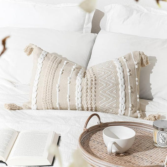 Decorative Lumbar Pillow Cover 14x24, Cream White Boho Accent Throw Pillow Case for Couch Sofa Bed, Modern Farmhouse Textured Lumbar Cushion Bedroom Living Room, Cover ONLY