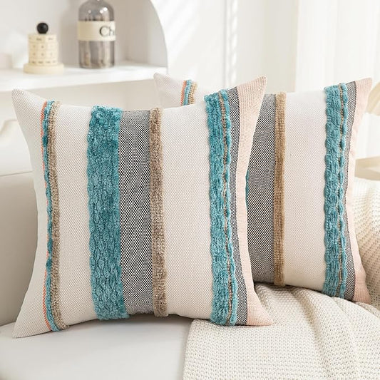 Boho Pillow Covers 18x18 Set of 2 for Couch-Modern Farmhouse Sofa Decorative Teal Throw Pillow Covers Textured Chenille Cushion Covers Outdoor Netural Bohemian Pillow Cases Square