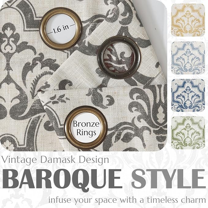 Jinchan Linen Curtains for Bedroom and Living Room - Grey Damask Patterned, 90 Inches Long, Light Filtering, Vintage Baroque Style Drapes With Grommets - 2 Panels Set