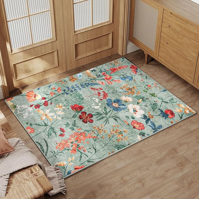 Green Area Rug 2x3 Entryway Floral Boho Door Mat Indoor Washable Kitchen Carpet Non Slip Bedroom Lightweight Low Pile Accent Rug for Bathroom Living Room Office Dining Room