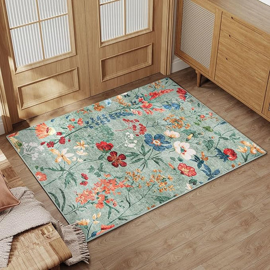 Green Area Rug 2x3 Entryway Floral Boho Door Mat Indoor Washable Kitchen Carpet Non Slip Bedroom Lightweight Low Pile Accent Rug for Bathroom Living Room Office Dining Room